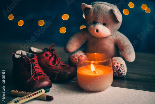 Children Christmas Composition With Letter Teddy Bear Shoes Candles And Crayons On Wooden Table Wishlist Copyspace Buy This Stock Photo And Explore Similar Images At Adobe Stock Adobe Stock