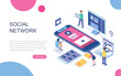 © alexdndz - Modern flat design isometric concept of Social Network for banner and website. Isometric landing page template. Virtual communication and media sharing. Vector illustration.
