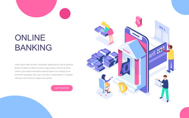 Wall Mural - Modern flat design isometric concept of Online Banking for banner and website. Isometric landing page template. Electronic bank payment or customer support. Vector illustration.