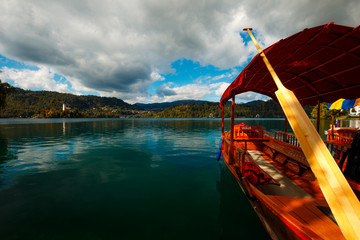 wooden boat at lake bled in the summer