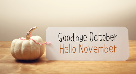 Wall Mural - goodbye october hello november message with a white small pumpkin