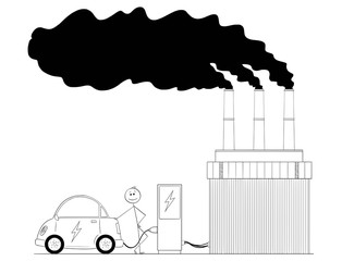 Poster - Cartoon stick drawing conceptual illustration of man charging electric car by power from coal power plant.