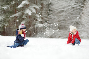 Two adorable little girls having fun together in beautiful winter park. Beautiful sisters playing in a snow.