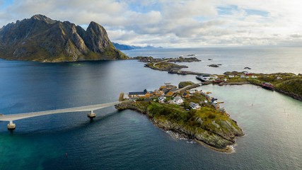 Sticker - Aerial panorama of Lofoten Archipelago with view of Hamnoy and Lofoten at sunset