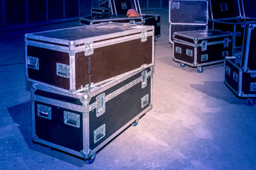 Boxes with concert equipment. Transportation equipment. Boxes on wheels.