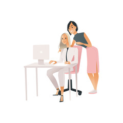 vector illustration of coworking communication concept with two young business women working with co