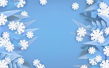 Vector Illustration Of Winter Natural Border Frame With Blue Tree Leaves And White Snowflakes In Paper Art Style Isolated On Blue Background - Floral Seasonal Banner With Copy Space.