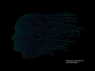 Wall Mural - artificial intelligence technology concept human head shape with light dots line blue color on black