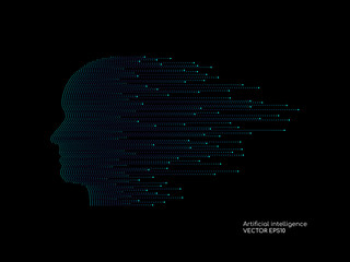 Wall Mural - artificial intelligence technology concept human head shape with light dots line blue color on black