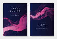 Front And Back Of Book Cover Template Design, Abstract Pink Striped Lines On Dark Blue, Stars And Space Theme