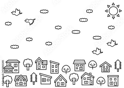 デフォルメした家と木の並び 空と雲と鳥 線画のみ Stock Vector Adobe Stock