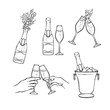 Champagne vector illustration set in black and white sketch style - isolated various hand drawn bottles and wineglasses with fizzy alcohol drink for holiday celebration or party.
