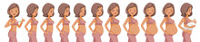 Pregnancy Stages Set. Happy Woman With Different Stages Of Pregnancy. Animation Motion Of The Body, Face , Mood Change. Lined Up Pictures, Pregnancy Begins After Childbirth,Breastfeeding. Infographic 