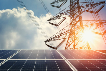 Wall Mural - solar panel and high voltage tower with sunshine. clean energy power concept