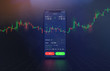 Futuristic stock exchange scene with mobile phone, chart, numbers and BUY and SELL options (3D illustration)