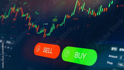 Cuadros en Lienzo Futuristic stock exchange scene with chart, numbers and BUY and SELL options (3D