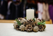 Christmas Eve, Decorated Advent Wreath With A Candle, Isolated
