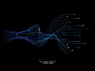 Wall Mural - vector abstract dots lines light blue and green colors on black background in concept technology, co