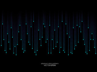 Wall Mural - dots lines dropping in light blue and green colors on black background in concept technology, music,