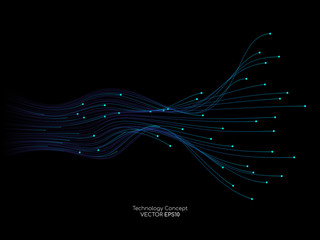 Wall Mural - vector abstract dots lines light blue and green colors on black background in concept technology, co