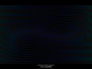 Wall Mural - dots lines wave pattern in blue and green colors on black background. vector background in concept t