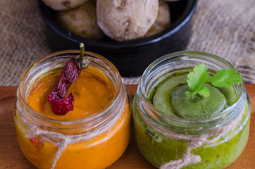 Two most popular Canary Islands popular sauses Mojo picon (Red hot sause) and  Mojo verde (Green sause) are usually eaten with Papas Arrugadas (wrinkly potatoes).