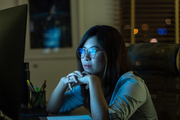 Portrait of Asian Businesswoman working hard and looking the digital graphic on the table with front of computer desktop in workplace at late with serious action, Work hard and too late concept