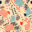 A lot of detailed colorful poker cards with old paper texture, vintage seamless pattern