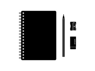 Wall Mural - Top view desk of stationery objects in black and white vector. spiral notebook, pencil, eraser, and sharpener isolated on white background