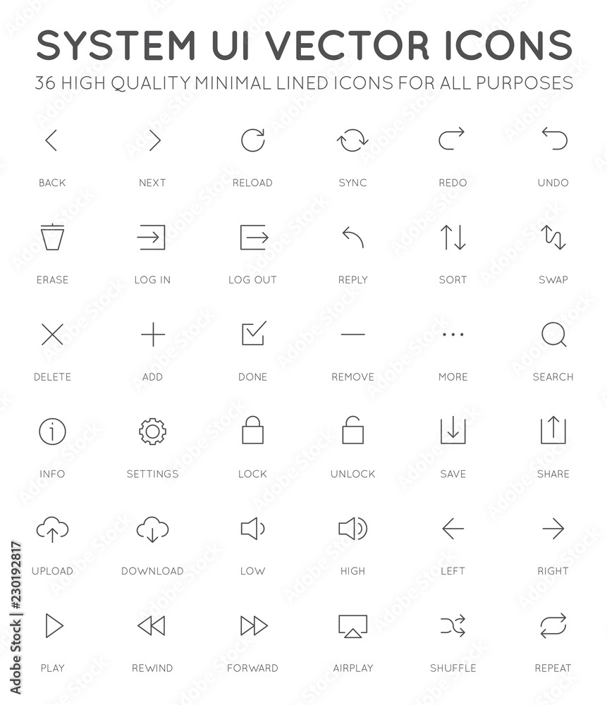 System User Interface (UI) Vector Icon Set. High Quality Minimal Lined ...