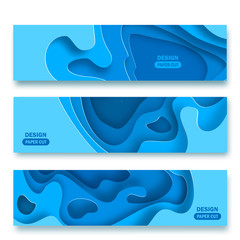 Wall Mural - horizontal banners with 3d abstract background, blue paper cut shapes. vector design layout for busi