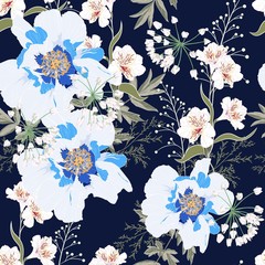 Floral Seamless Pattern with blue Peony Flowers and lilies. Spring Blooming for Fabric, Prints, Wedding Decoration, Invitation, Wallpapers. Vintage dark blue background. anemone art backgro