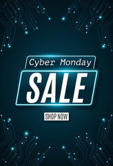 Wall Mural - Cyber Monday flyer. Super sale. Hi-tech glowing blue circuit board. Web neon banner. Modern design. Vector illustration