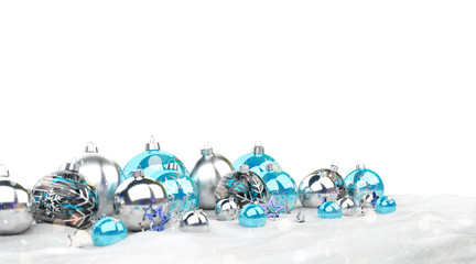 Blue and silver christmas baubles isolated 3D rendering