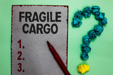 Handwriting text writing Fragile Cargo. Concept meaning Breakable Handle with Care Bubble Wrap Glass Hazardous Goods Gray paper marker crumpled papers forming question mark green background