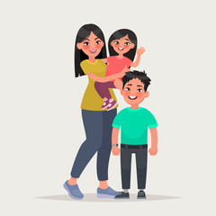 Wall Mural - Asian woman with children. Mom with daughter and son. Vector illustration