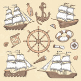 Fototapeta  - Vintage marine ships. Old cartouche frame, ship anchor and sea wheel with ancient compass. Ocean sailboat retro vector illustration