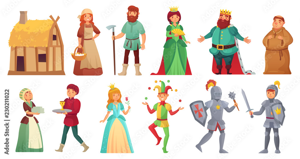 Medieval historical characters. Historic royal court alcazar knights, medieval peasant and king isolated cartoon vector character - obrazy, fototapety, plakaty 