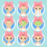 Fototapeta  - Woman face skin care. Healthy and beauty skincare, clean skin on fresh woman faces. Wash and clear face cartoon vector illustration