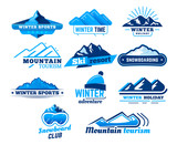 Fototapeta  - Snow mountain sign. Winter landscape logo, mountains symbol, ski or snowboard skiing vector design template