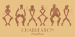 Silhouettes of four flapper girls and two man wearing retro clothes dancing Charleston. Vector Illustration