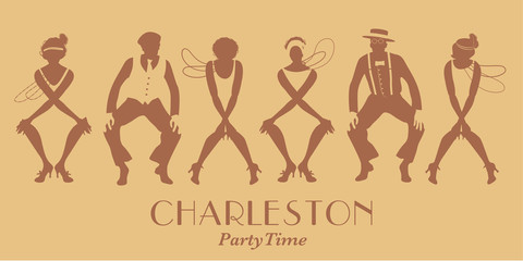 silhouettes of four flapper girls and two man wearing retro clothes dancing charleston. vector illus