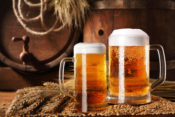 Two mugof beer .With wheat and barley and barrels spikes on bakcground.Still life