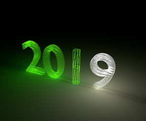 Poster - 3d illustration 2019 New Year wireframe neon light.