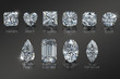 © DiamondGalaxy - Ten the most popular diamond shapes with titles on black glossy background. 3D illustration