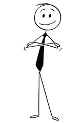 Poster - Cartoon stick drawing conceptual illustration of confident smiling man or businessman standing with arms crossed.