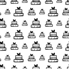 Poster - Seamless pattern hand drawn cake. Doodle black sketch. Sign symbol. Decoration element. Isolated on white background. Flat design. Vector illustration