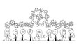 Cartoon stick drawing conceptual illustration of group of nine business people, businessmen and businesswomen thinking about problem during team meeting or brainstorming. Cogwheels above them as