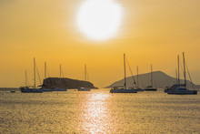 Beautiful Scenic Tropic Sea Landscape And Yacht Bay Place With Small Islands In Orange Vivid Sun Set Time 
