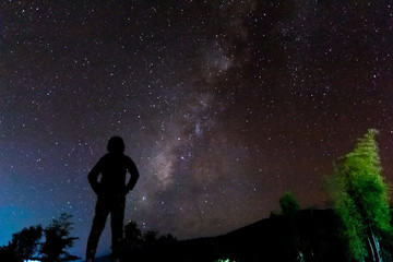 Wall Mural - silhouette of a standing human looking milky way at the night time